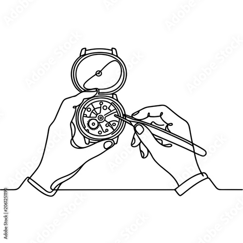 Precision Watchmaker Repairing Mechanical Timepiece Movement in Continuous One Line Drawing