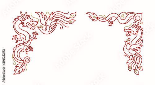 chinese paper cut style border with dragons and phoenixes in red and gold