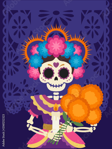 Tableau sur toile La catrina celebrating day of the dead with marigolds
