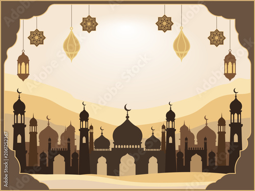 Mosque silhouette and lanterns celebrating islamic holidays
