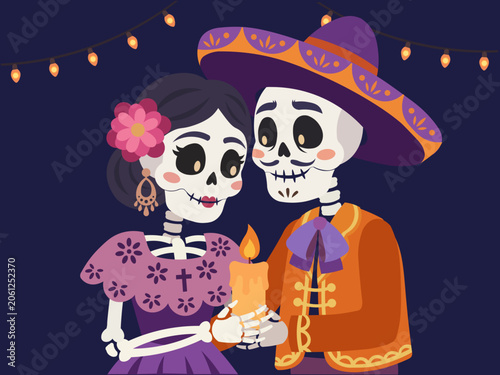 Dia de los muertos skeletons celebrating with candle