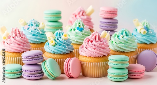 Colorful stacked macaron pastries with floral decorations.