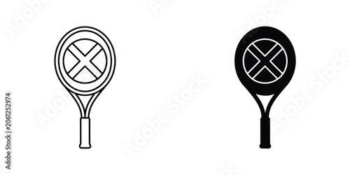 Fotografía Tennis Racket Icon Set with Prohibited Sign Symbol in Outline and Solid Black St