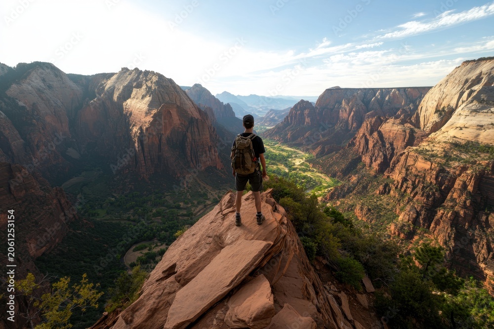 Fototapeta premium Hiker standing atop sandstone cliff in Zion canyon overlooking valley, scenic mountain ridge and blue sky