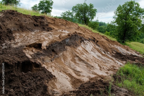 Soil erosion on hillside with exposed soil and tree line under cloudy sky