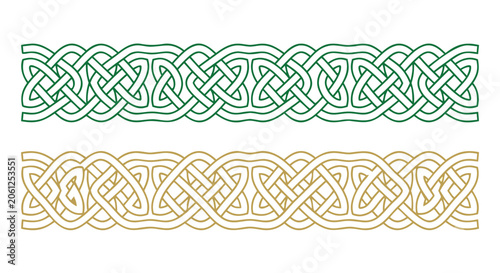 Foto celtic knotwork border with continuous interlaced ribbon in green and gold
