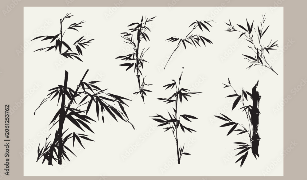 Fototapeta premium set of vector illustration of bamboo leaves branch card design with Chinese painting in traditional style. 
