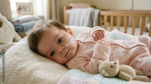 Sick baby child with a nasogastric feeding tube resting on a soft pillow. Pediatric healthcare concept for infant recovery, medical care in a home nursery. Loving support at home.