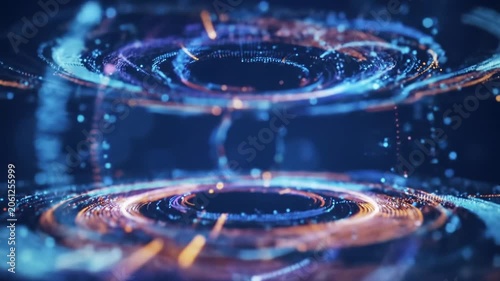 Abstract digital landscape: a glowing toroidal form pulsates, color-shifting luminous particles stream. Deep sapphire abyss, cinematic push-in. Sleek, futuristic, high-tech digital energy concept