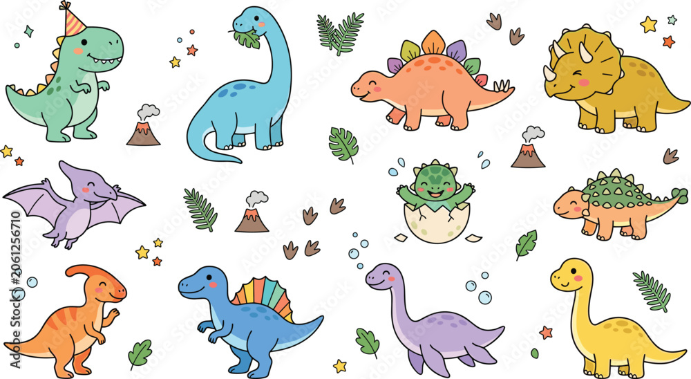 Obraz premium Cute Dinosaur Characters Collection Featuring T Rex Stegosaurus Triceratops Ankylosaurus Pterodactyl and Baby Dinosaurs Cartoon Illustrations