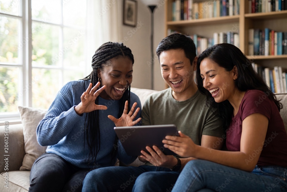 Fototapeta premium Three diverse young adult friends laughing and enjoying content on a digital tablet together on a living room sofa at home.