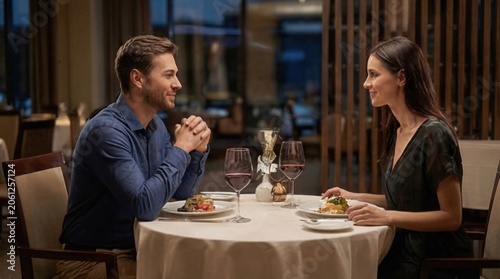 Smiling man and woman having romantic dinner with wine at elegant restaurant in the evening, couple dating, romance, evening meal, dining, happiness, fine dining.
