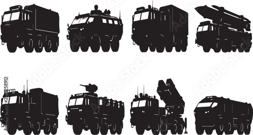Schilderij op canvas Military Vehicle Silhouettes Collection Featuring Armored Trucks, Missile Launch