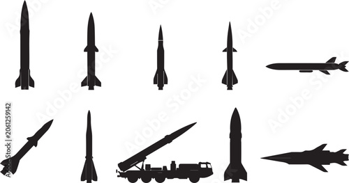 Fotografie Collection of Military Missile Silhouettes: Ballistic Rockets, Surface-to-Air Sy