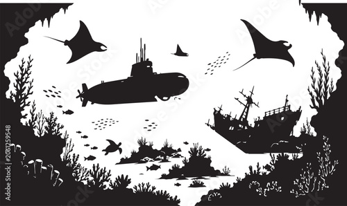Принти на полотні Silhouette Underwater Exploration Scene with Submarine, Shipwreck, Manta Rays, and Coral Reef in Minimalist Black and White Vector Art for Ocean Adventure and Marine Life Discovery Themes