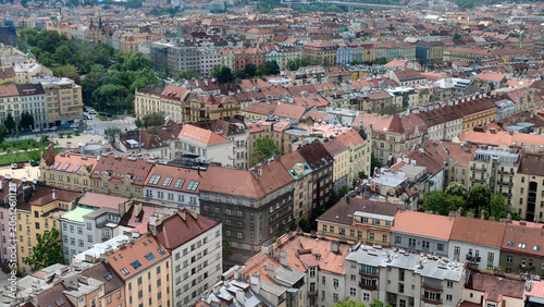 Photography colorful rooftops and building facades of Prague seen from the top of the TV tow