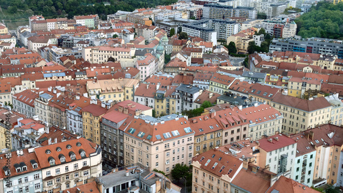 Photography colorful rooftops and building facades of Prague seen from the top of the TV tow