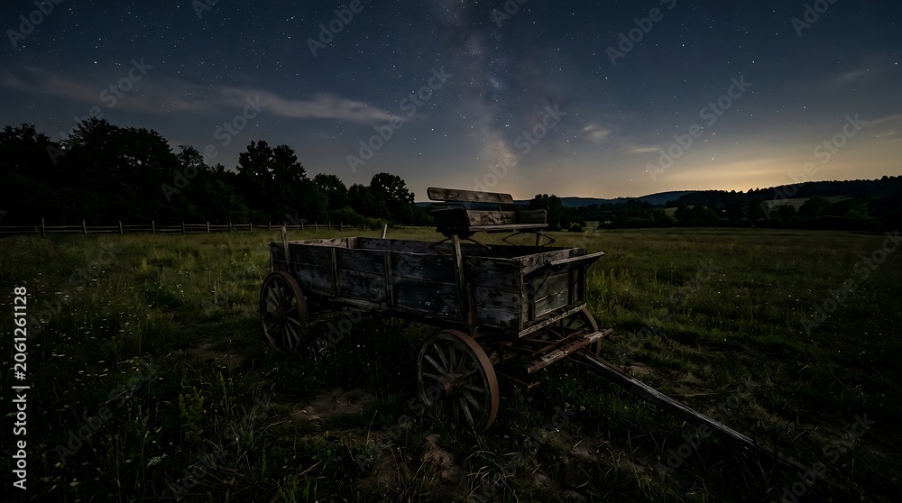 Fototapeta premium Old Wooden Wagon Under the Milky Way Night Sky