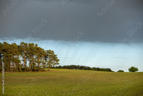 Dark rain cloud with falling precipitation over green countryside field and forest landscape