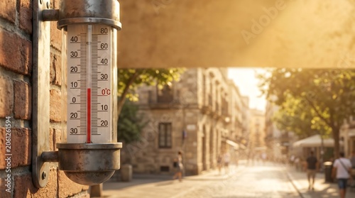 Outdoor thermometer mounted on a wall measuring high summer temperature in an urban area. Concept of heat monitoring, weather observation and climate change impacts