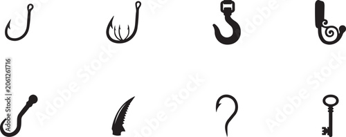 Konstfotografi Set of Various black Hook Icons. Silhouette vector illustration