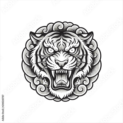 Fierce roaring tiger head surrounded by swirling clouds in traditional Asian tattoo style. Detailed black and white vector illustration with bold linework and ornamental design
