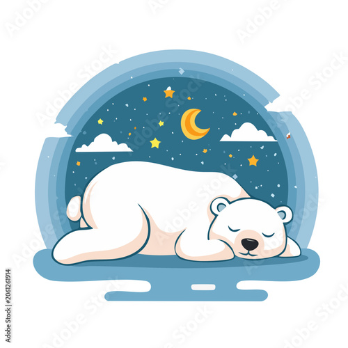 Cute polar bear sleeping under the night sky