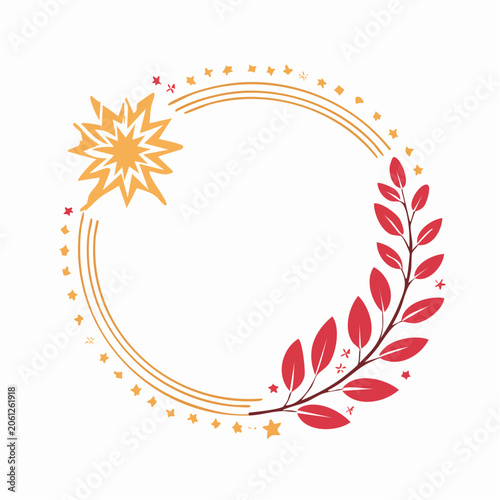 Decorative Circular Frame with Starburst and Red Leaves