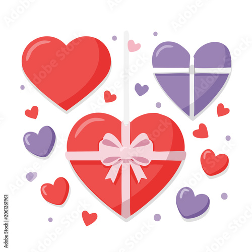 Flat Design Heart Gift Box with Ribbon and Hearts