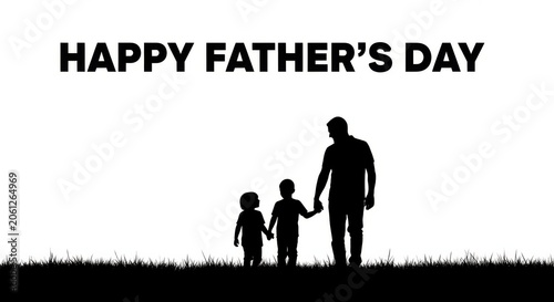 Happy Father's Day Silhouette: Father Holding Hands with Two Children Walking on Grass