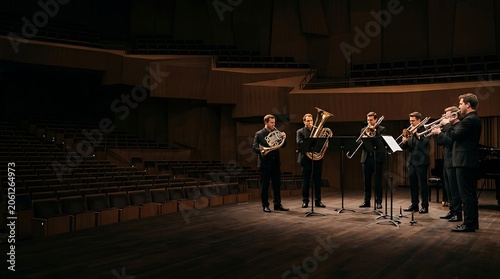 Brass ensemble performing on stage in a large empty concert hall