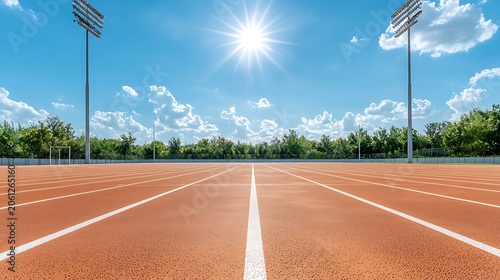 Bright Sunny Day Over Track and Field Stadium With Clear Sky and Tall Light Posts for Sports and Recreation