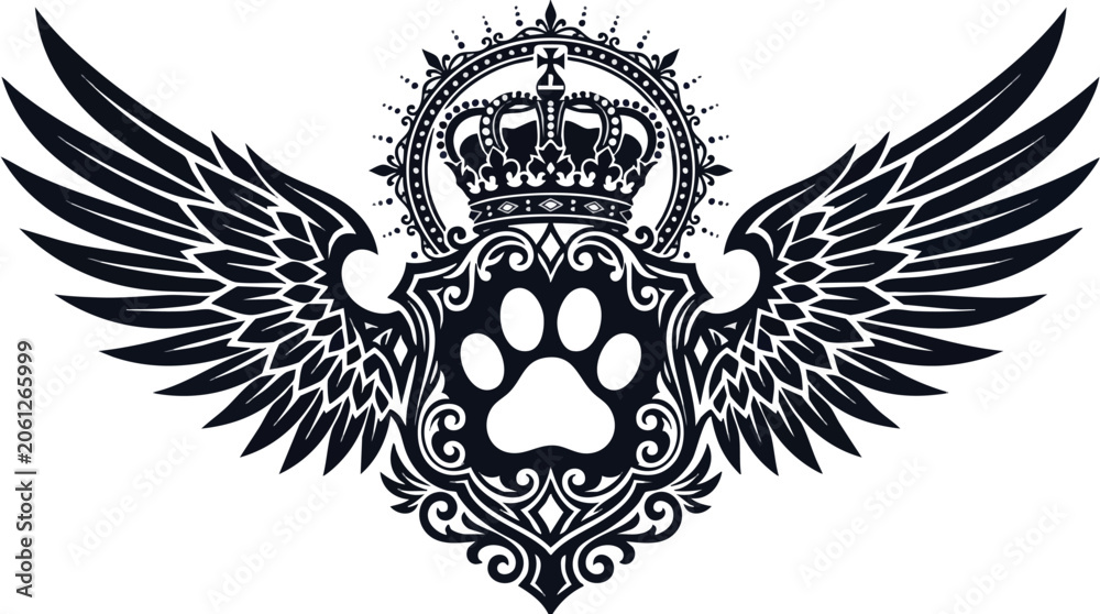 Fototapeta premium Paw print emblem with wings and royal crown heraldry majestic monochrome wildlife