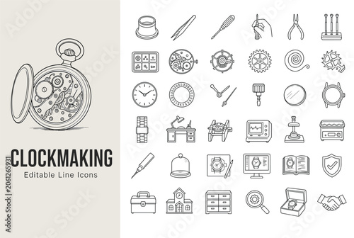 Clockmaking and watch repair line icons featuring watchmaker tools, gears, pocket watches, and maintenance equipment