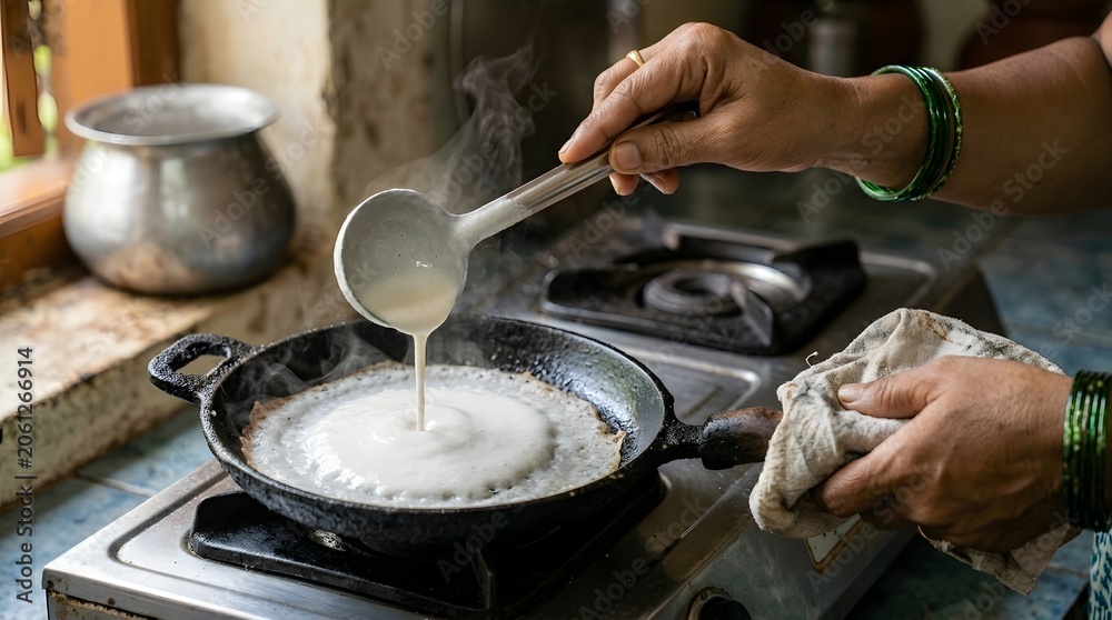 Fototapeta premium Close up of person pouring fermented rice batter onto hot skillet to cook traditional dosa.