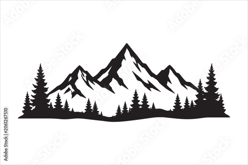 Wilderness mountain skyline silhouette, outdoor adventure theme, black vector