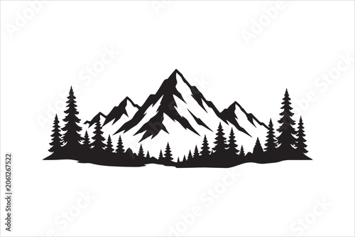 Wilderness mountain skyline silhouette, outdoor adventure theme, black vector