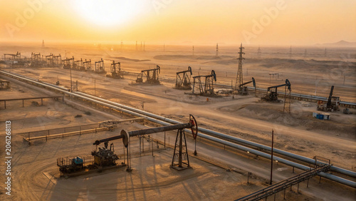 Photorealistic aerial view of a desert oil extraction field in saudi arabia at sunset