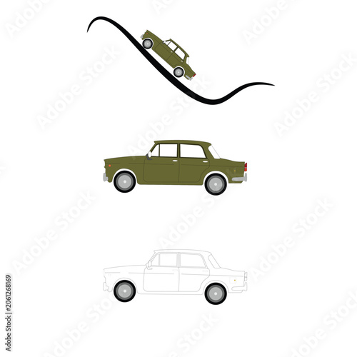 A simple vector illustration of a vintage green car traveling on a winding hilly road.