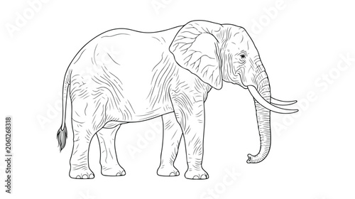 Fotografie 雄大なアフリカゾウの線画イラスト、野生動物の力強さと優雅さを表現したベクターアート。サファリ、自然、動物園のテーマに最適な、詳細でリアルな象の横顔。