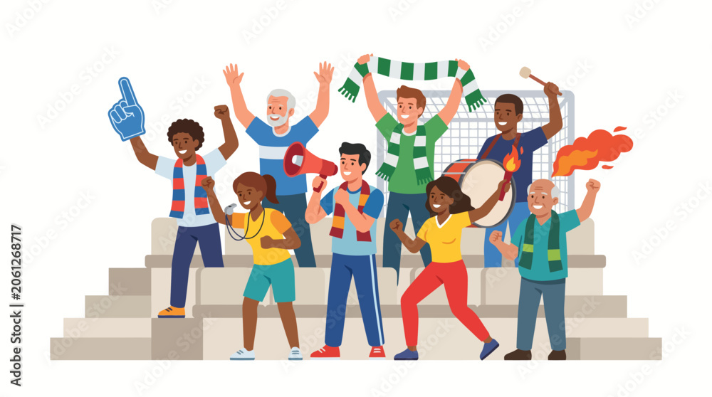 Obraz premium Group of diverse sports fans cheering and celebrating at a stadium.