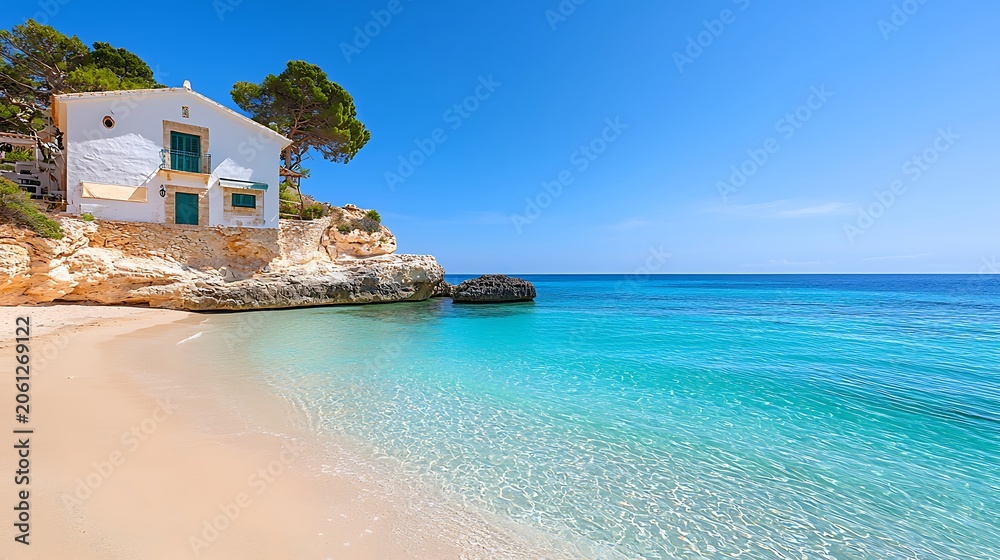 Fototapeta premium Idyllic coastal scene with white building on rocky cliff overlooking turquoise ocean and sandy beach under bright blue sky