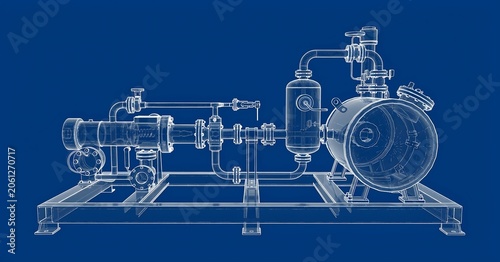Industrial Pump Blueprint: A detailed technical drawing of an industrial pump system, presented as a blueprint on a blue background, showcasing intricate piping and components.