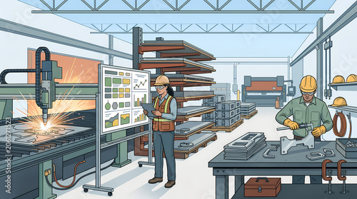 Fabrication supervisor planning metal shop workflow