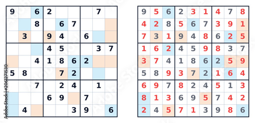 Sudoku puzzle grid with solved and unsolved sections in vector style  