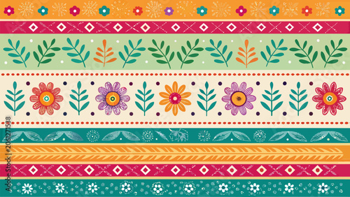 Seamless pattern with folk art style flowers and leaves, decorative ethnic floral border for textile, wallpaper, wrapping paper, fabric design