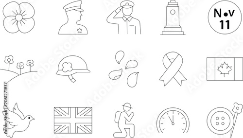 Foto Remembrance day icons poppy flowers military symbols and patriotic emblems