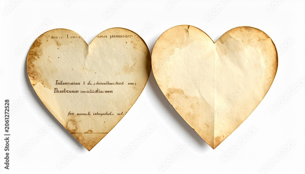 Obraz premium Vintage heart shaped paper pieces with handwritten text, romantic love symbols, textured old paper, decorative valentine's day design elements, isolated on white background