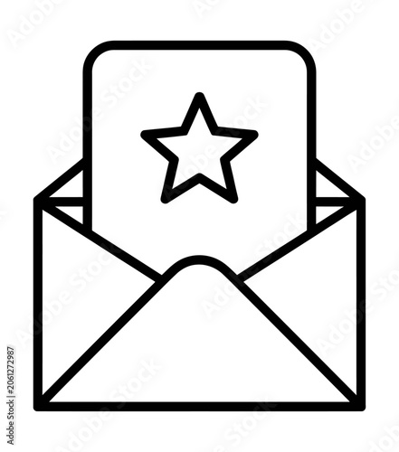 Vector line art of an open envelope with a star on a card inside, representing good news