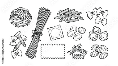 Italian pasta varieties vector illustration set, traditional dry pasta shapes, hand-drawn noodle collection for food packaging and menu design, black and white line art.